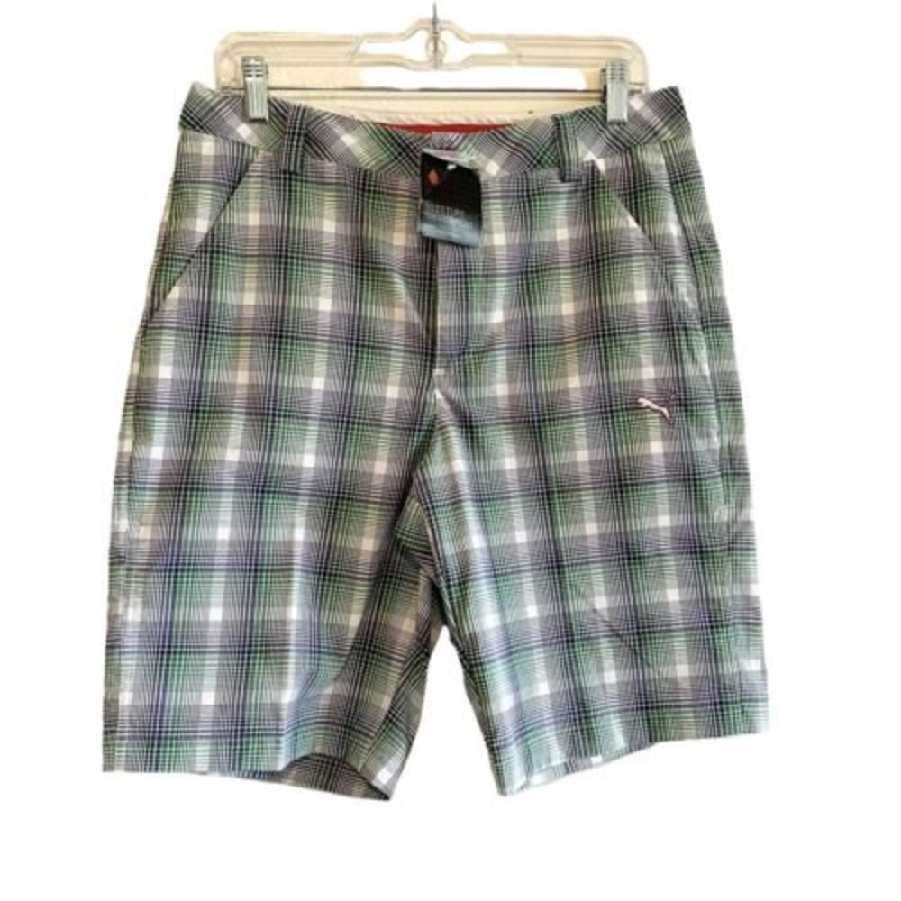 Puma Moisture Management Mens Size 30 Green Plaid Sports Performance Shorts